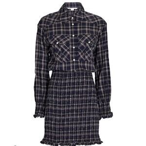 Veronica Beard Sz 10 Smocked Mini Dress Melnar Navy Metallic Plaid Pearl Snap